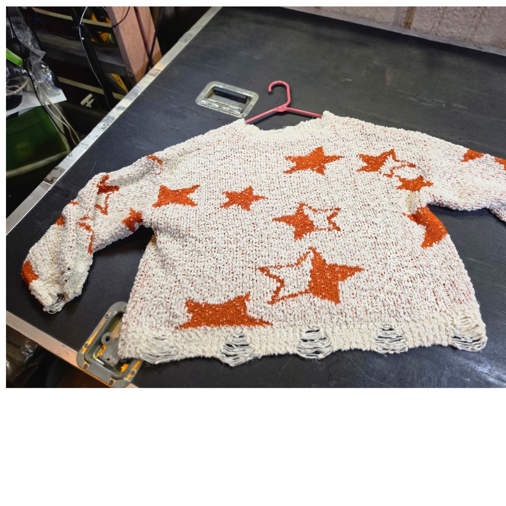 POL Clothing Distressed Star Knit Sweater Cream Orange Boho Grunge $88 Small